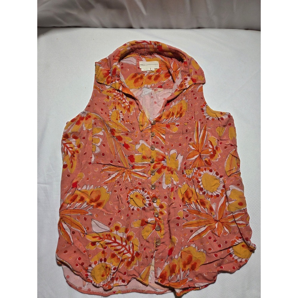 Anthropologie Vera Floral Sleeveless Button Down Top Terracotta Orange LP‎